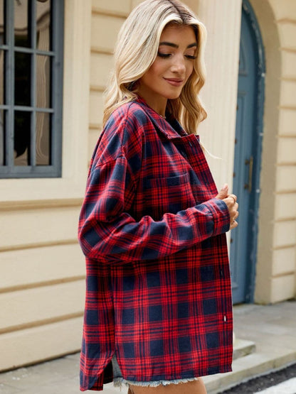 Plaid Collared Neck Long Sleeve Shirt.