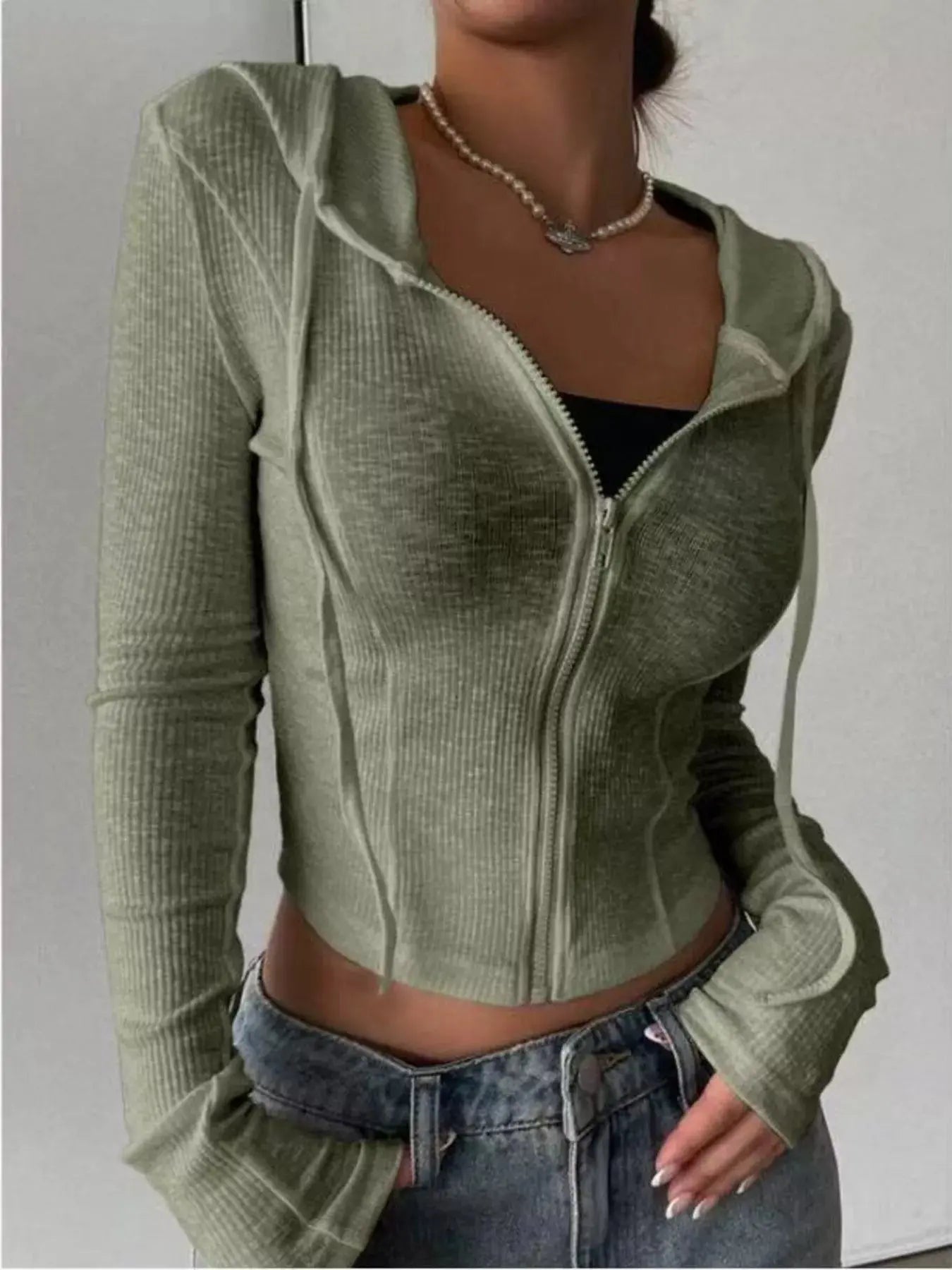 Ribbed Knit Cropped Zip-Up Outerwear Simply Love