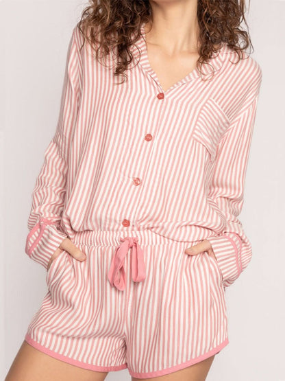 Button-Up Striped Long Sleeve Lounge Set with Collared Top and Shorts