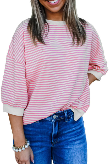 Pink Striped 3/4 Sleeve Relaxed Fit Top