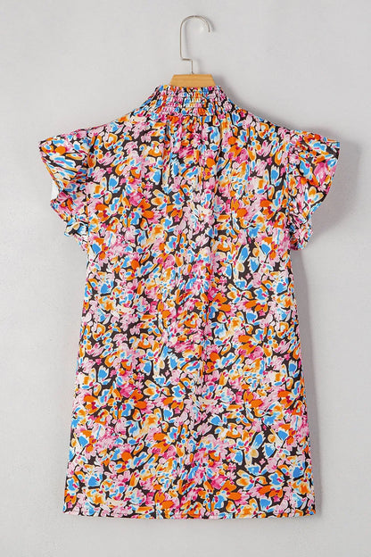 Bright Bloom Ruffle Neck Flutter Sleeve Blouse