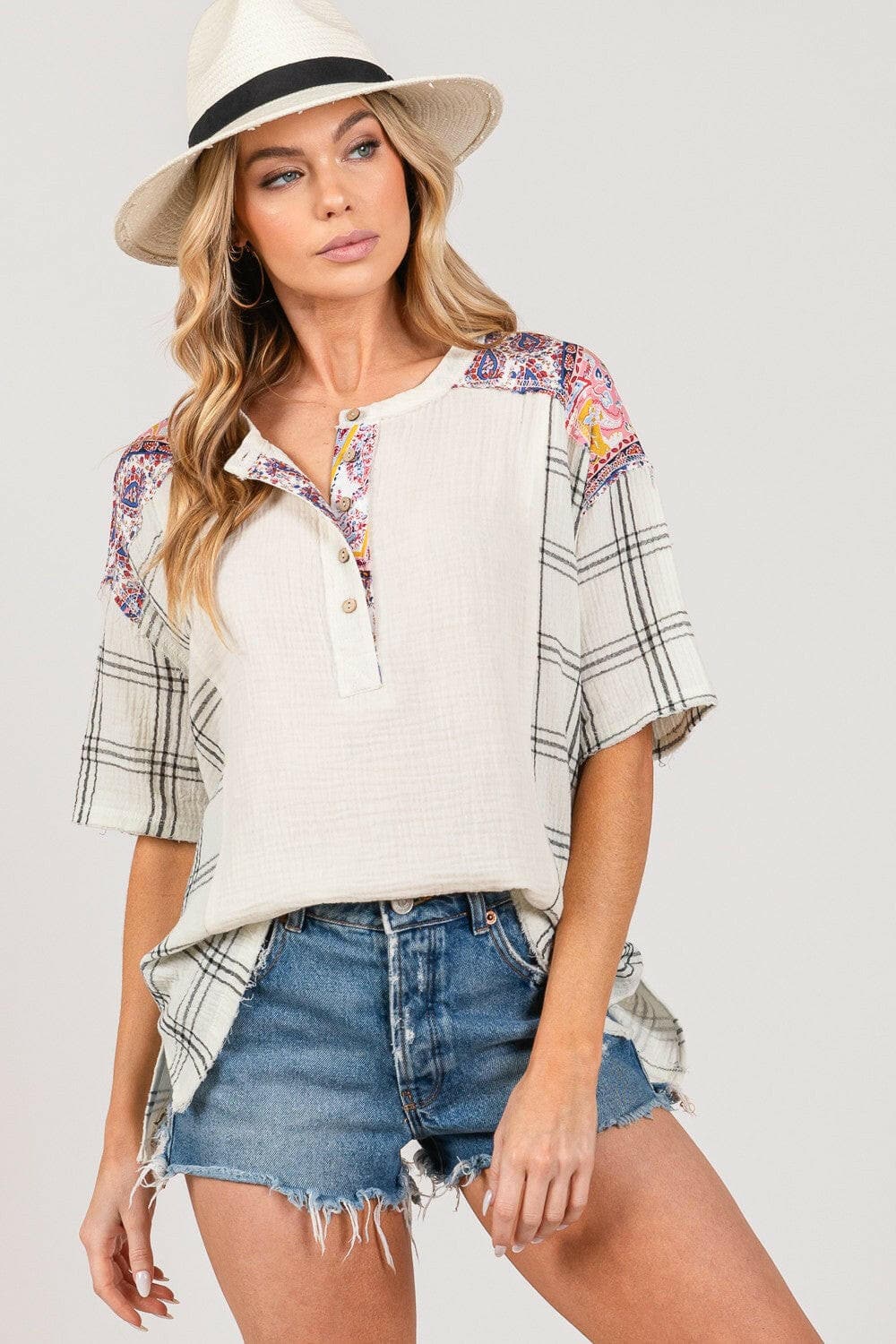 SAGE + FIG Plaid Half Button Gauze Top.