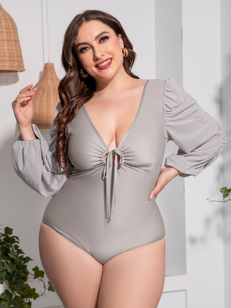 Plus Size Tied Deep V Balloon Sleeve One-Piece Swimsuit.