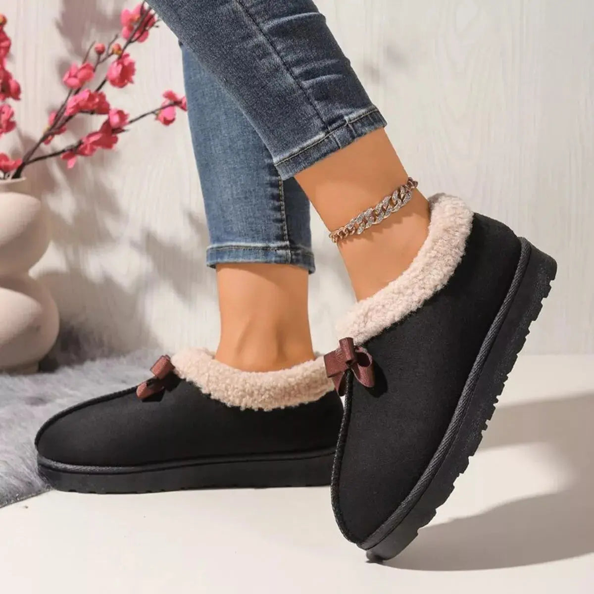 Cozy Bowknot Plush Lined Slip-Ons Simply Love