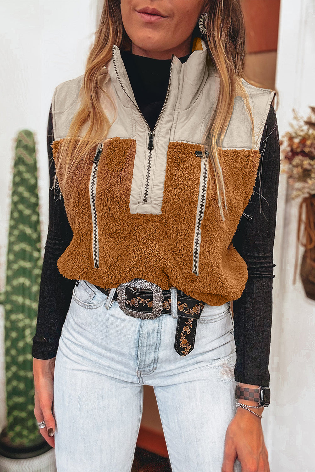 Chestnut Color Block Plush Patchwork Zipper Stand Neck Vest For Warm Winter Layering And Cozy Comfort Dear-Lover Dropshipping