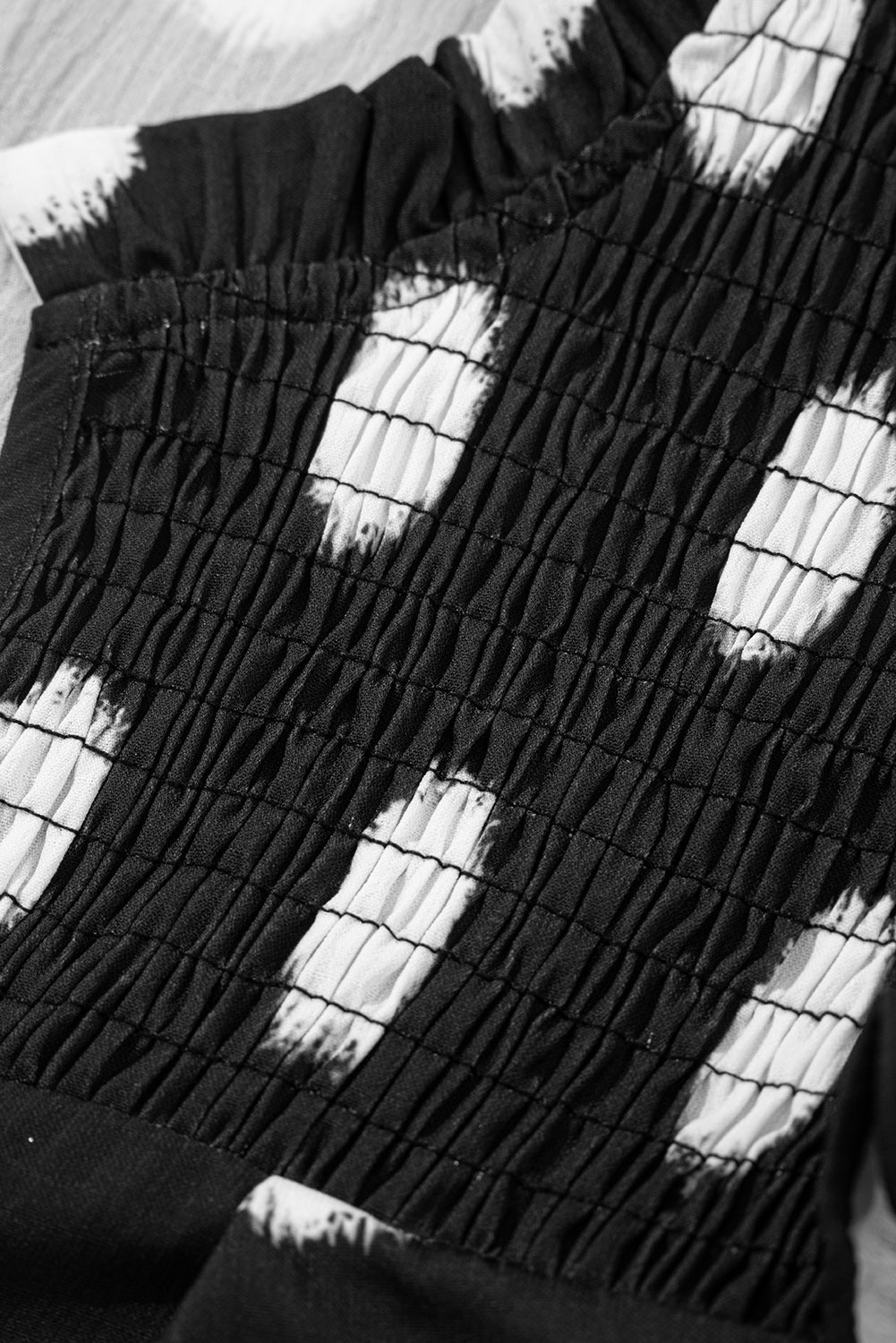 Black Polka Dot Print Smocked Notched Neck Balloon Sleeve Blouse Divine Design4U