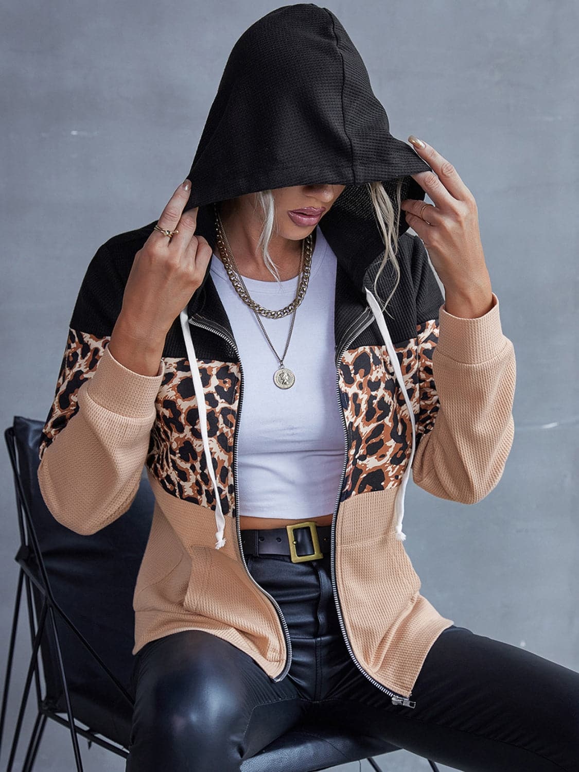 Drawstring Leopard Zip Up Hooded Jacket.