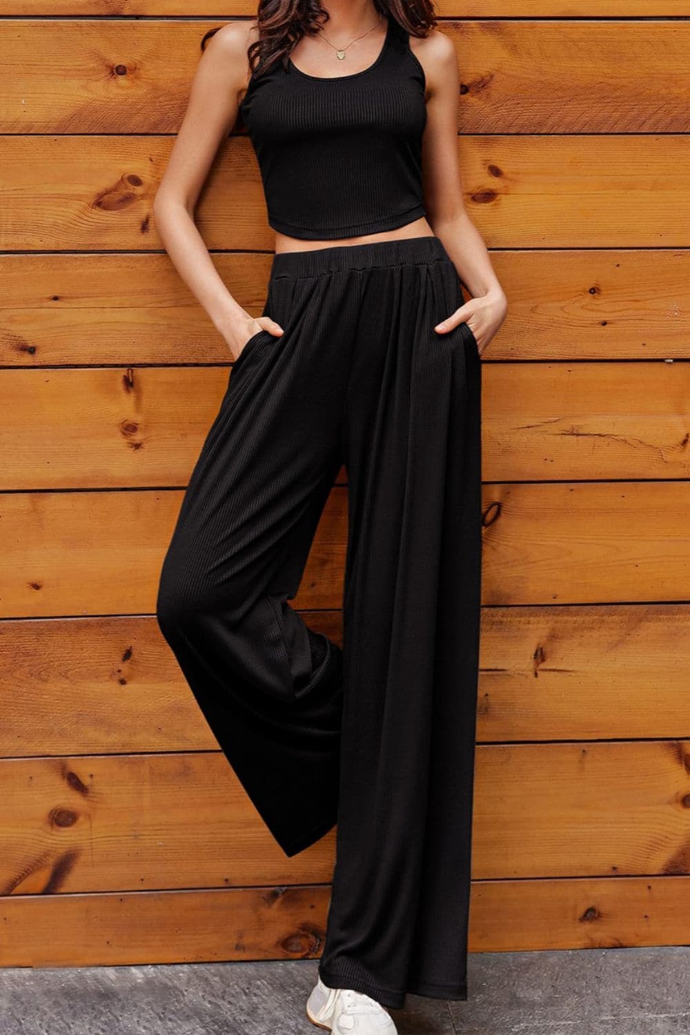 Scoop Neck Top and Wide Leg Pants Set.