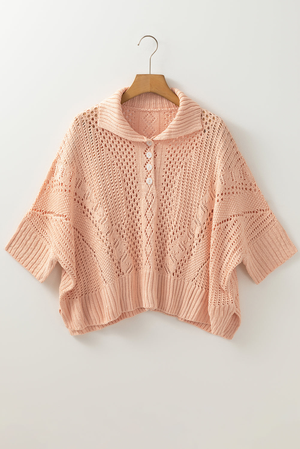 Apricot Blush Open Knit Collared Dolman Sleeve Sweater