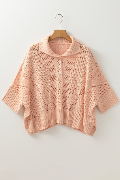 Apricot Pink Hollowed Knit 3/4 Dolman Sleeve Sweater