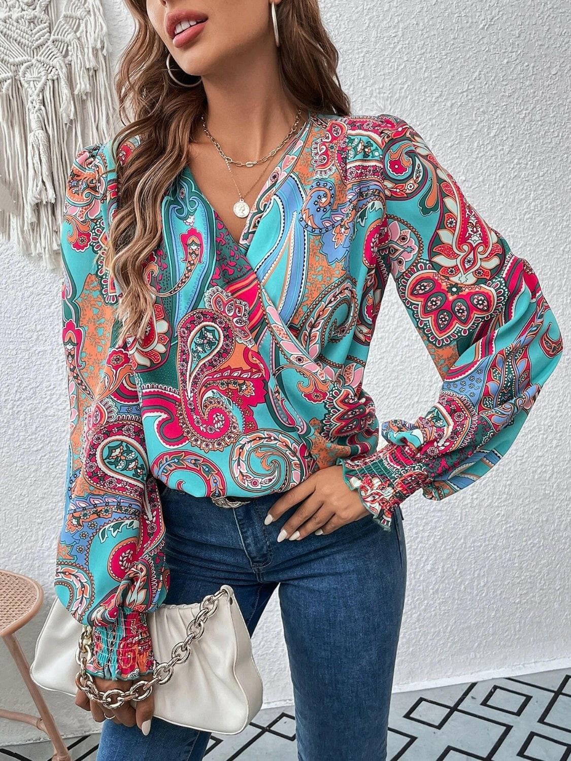 Printed Surplice Smocked Lantern Sleeve Blouse.