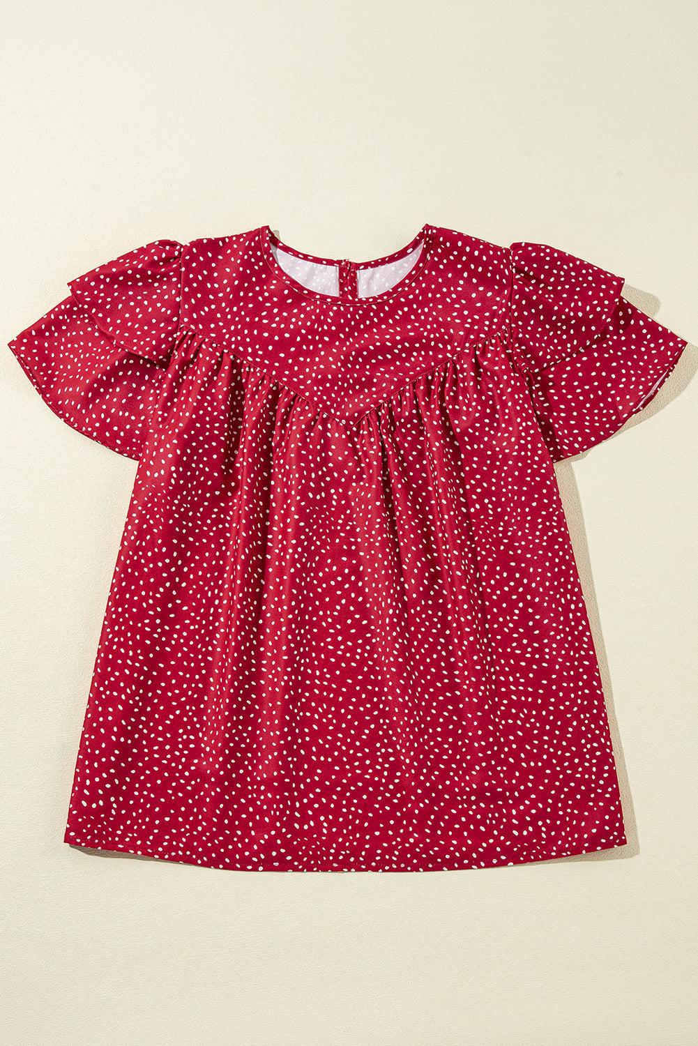 Fiery Red Spotted Print Pleated Ruffle Sleeve Blouse Divine Design4U