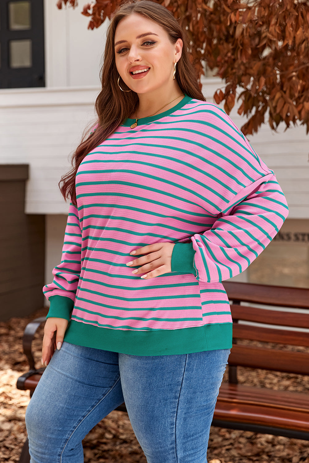 Cozy chic pink stripe plus size sweatshirt with waffle knit texture