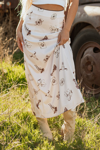 Beige Western Print Satin Long Skirt for Stylish Outfits