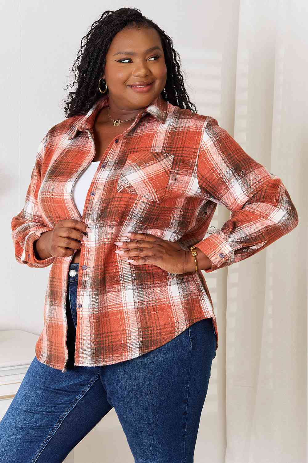 Double Take Plaid Collared Neck Long Sleeve Shirt - Love Salve