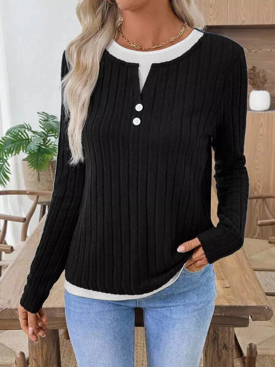 Ribbed Knit Long Sleeve Fake Two Piece T Shirt With Decorative Buttons Simply Love