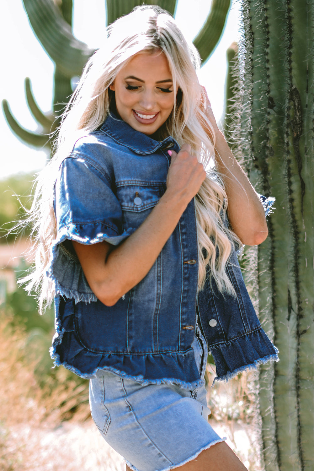 Peacock blue ruffled denim jacket