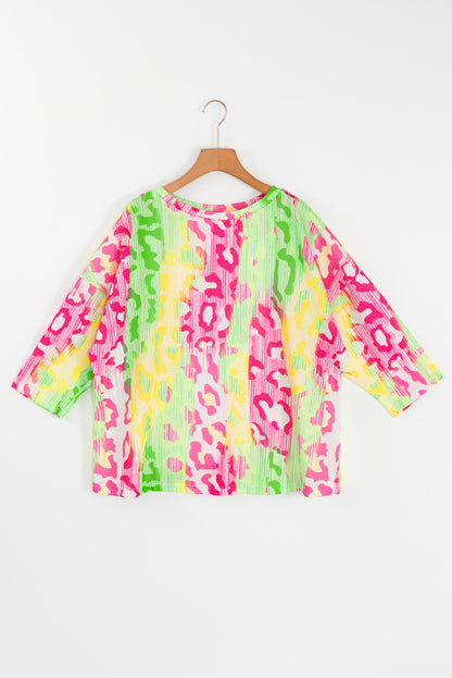 Wild style multicolor leopard block knitted crewneck plus size tee