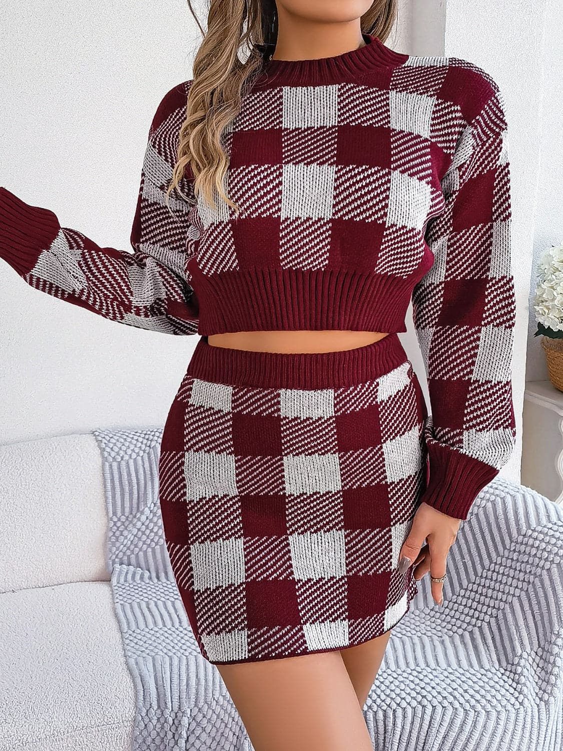 Plaid Round Neck Top and Skirt Sweater Set.