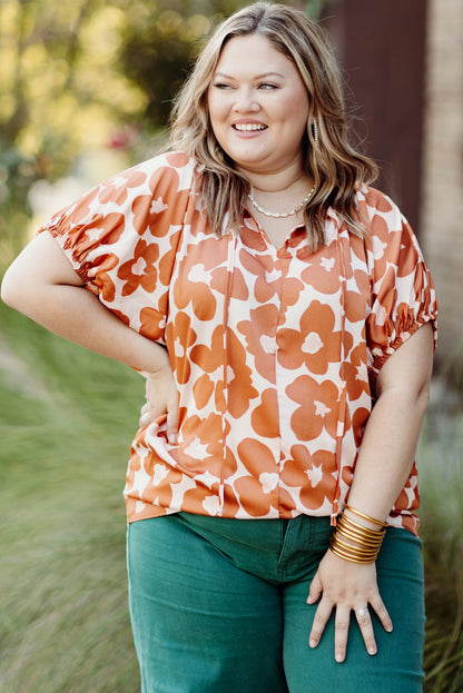 Floral Delight: Plus Size Orange V Neck Blouse with Drawstring Detail