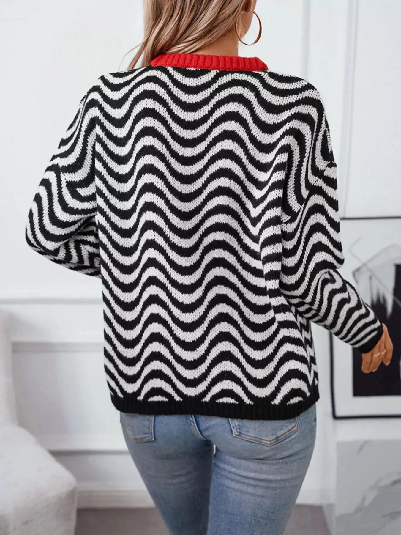 Wavy Striped Round Neck Sweater Simply Love
