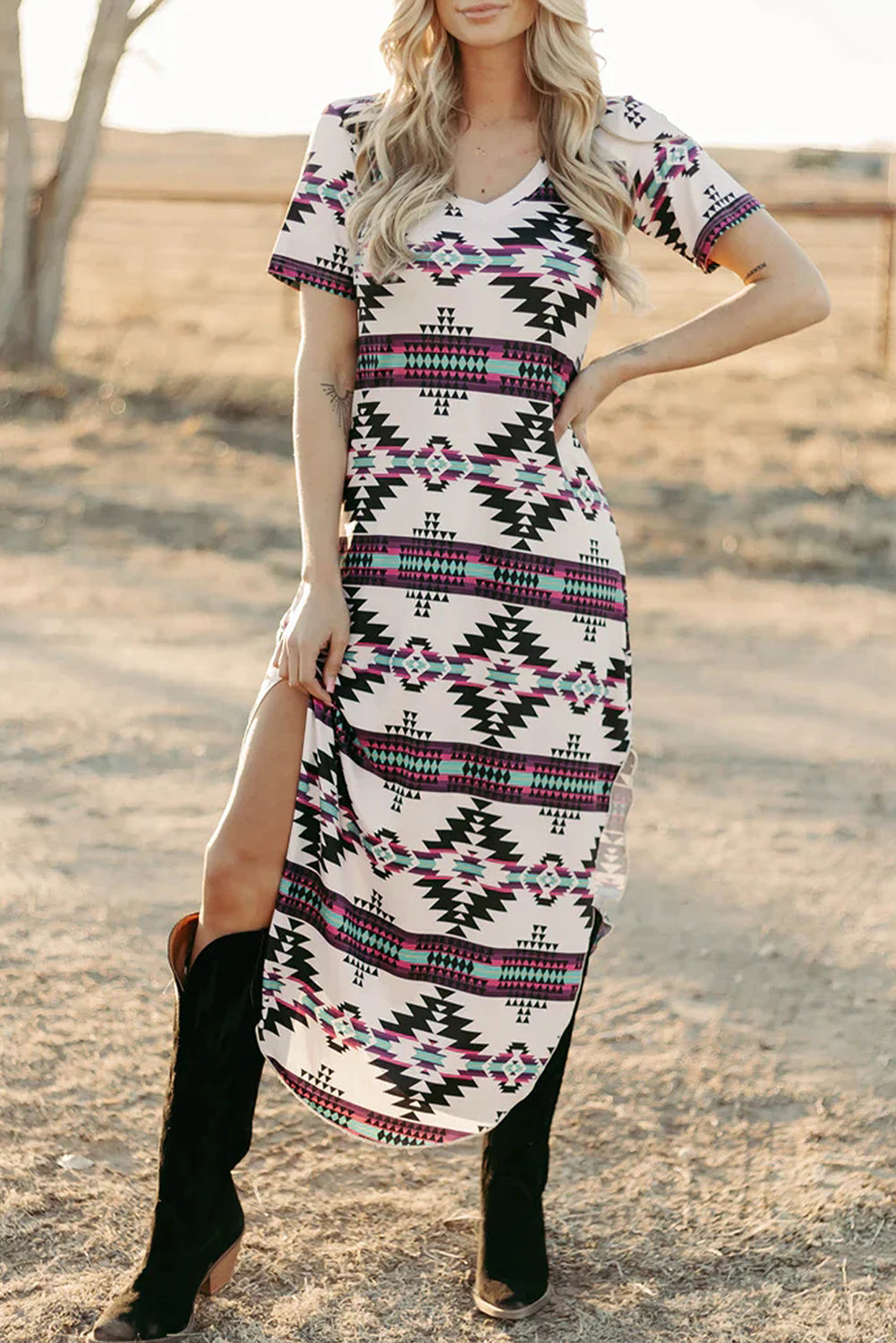 Beige Western Aztec Printed Long T-shirt Dress for Women