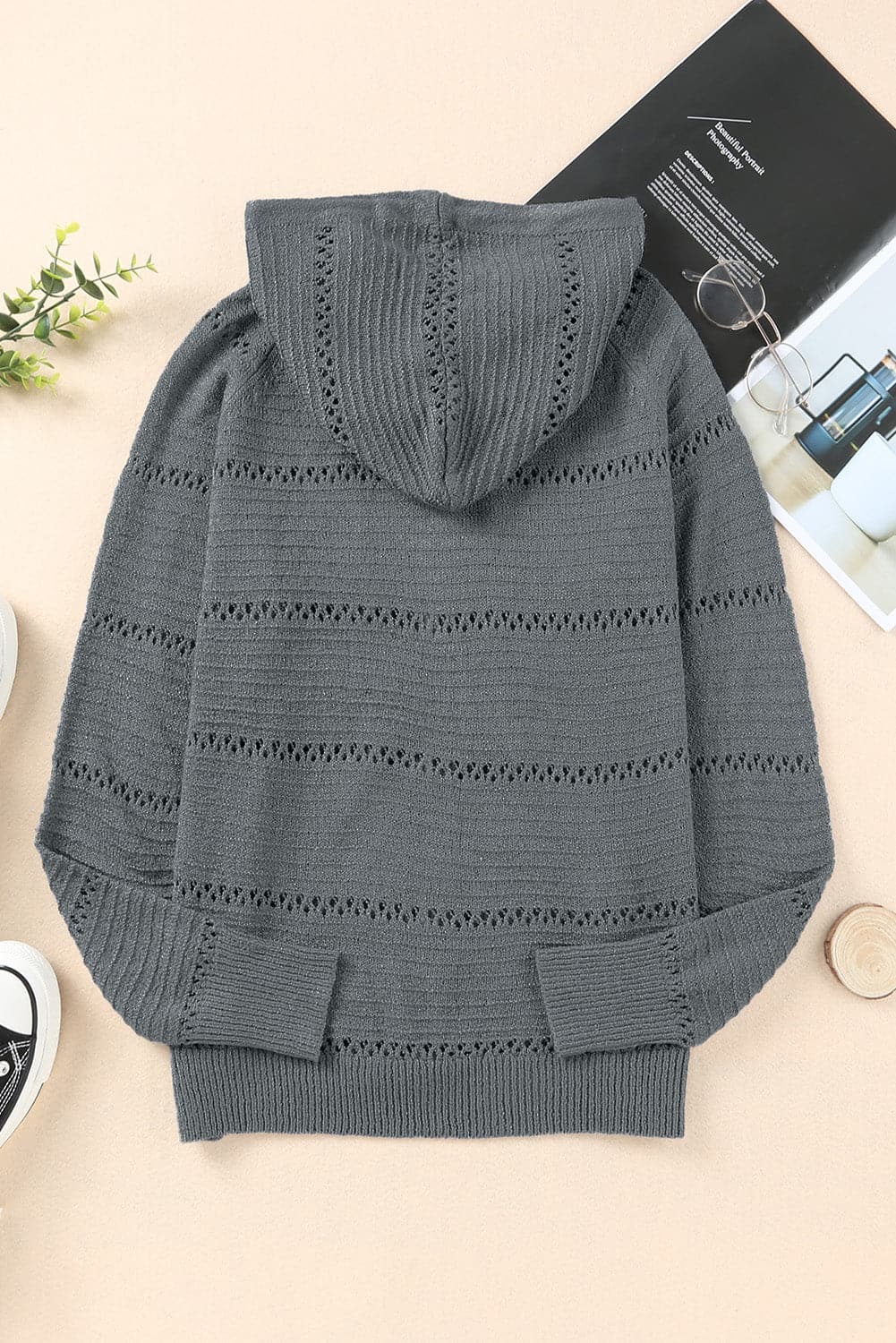 Zip-Up Raglan Sleeve Openwork Hooded Cardigan.