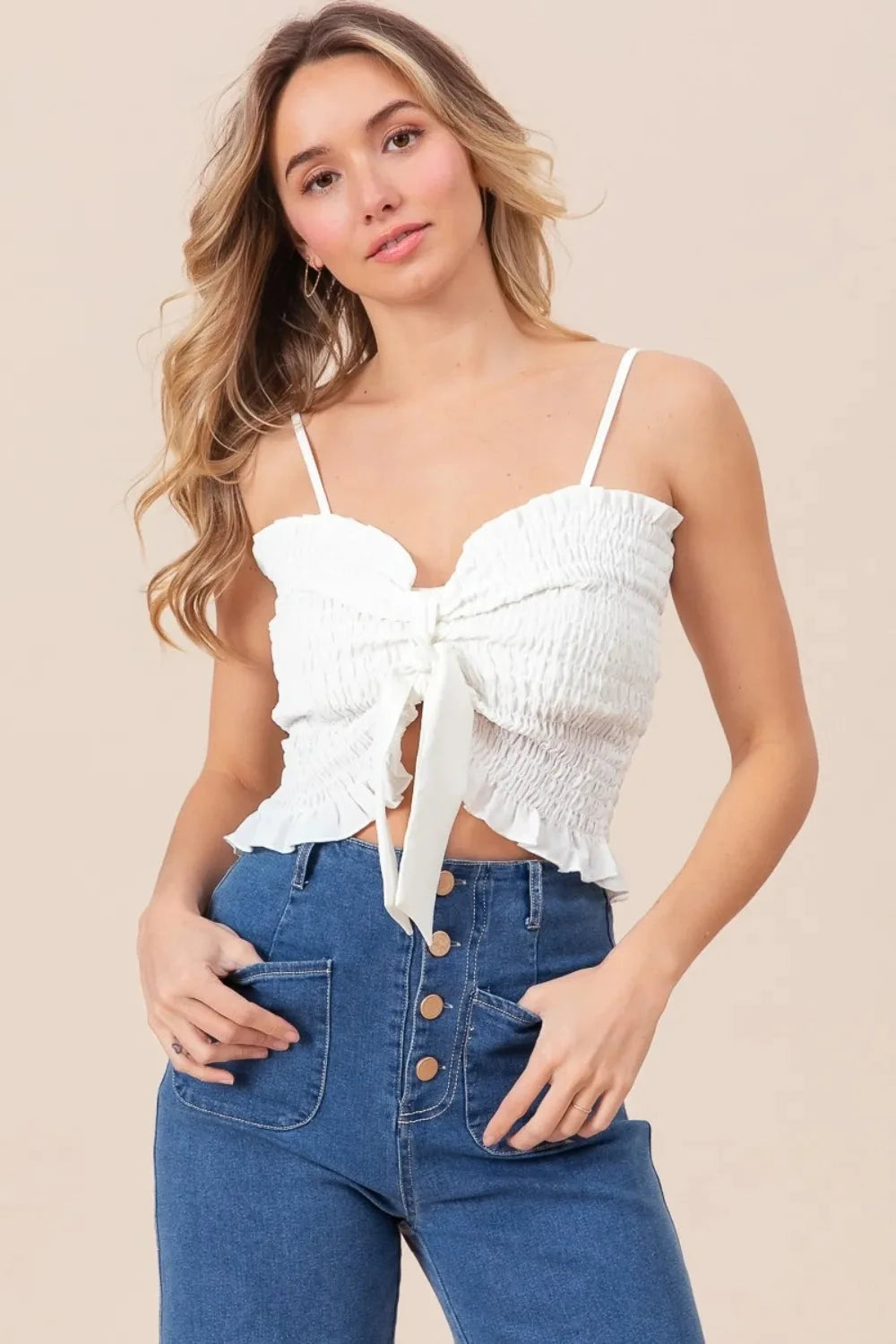 BiBi Ruffled Smocked Ribbon Detail Cami Coco’s Tee Boutique