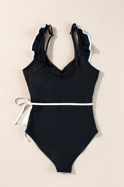 Elegant Black Ruffled V-Neck Wrap Swimsuit with Color Contrast