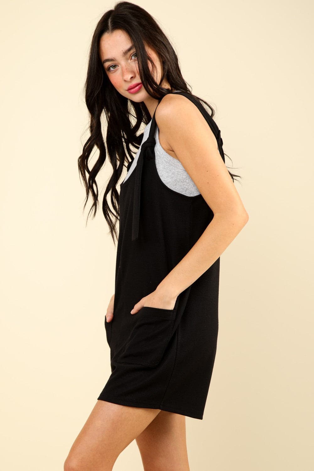 VERY J Tie Shoulder Front Pocket Romper.