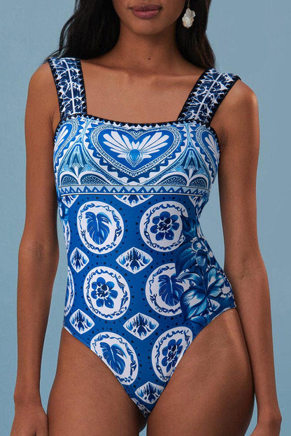 Exotic Blue Mosaic Ricrac Trim One-Piece Swimsuit with Wide Straps