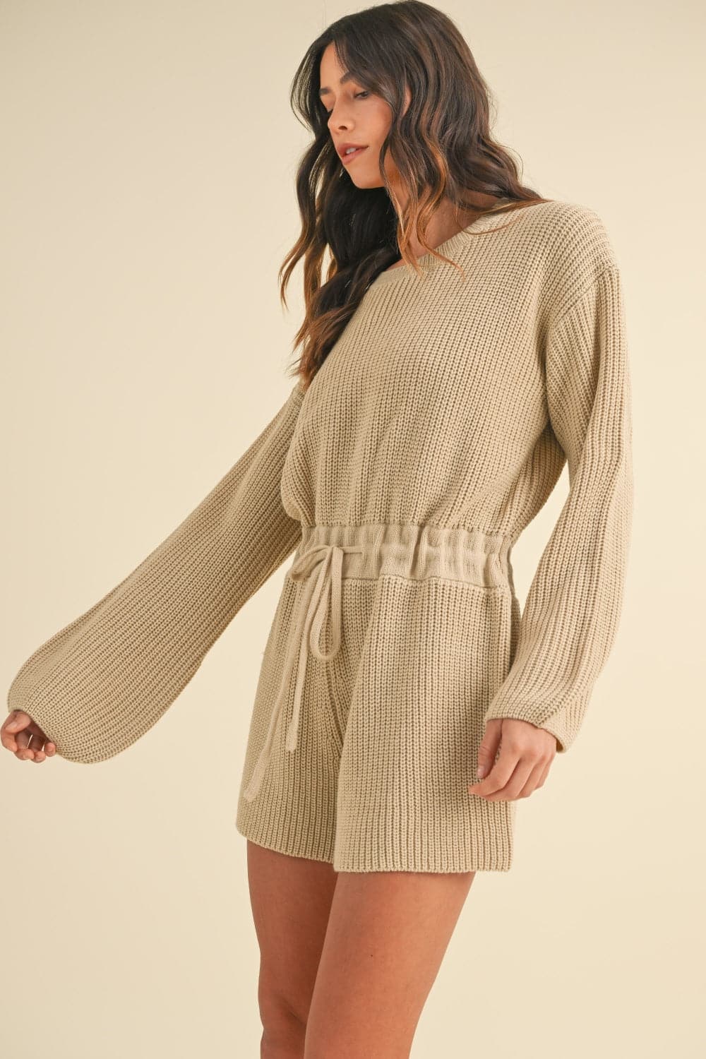 Cozy chic long sleeve sweater romper with drawstring waist