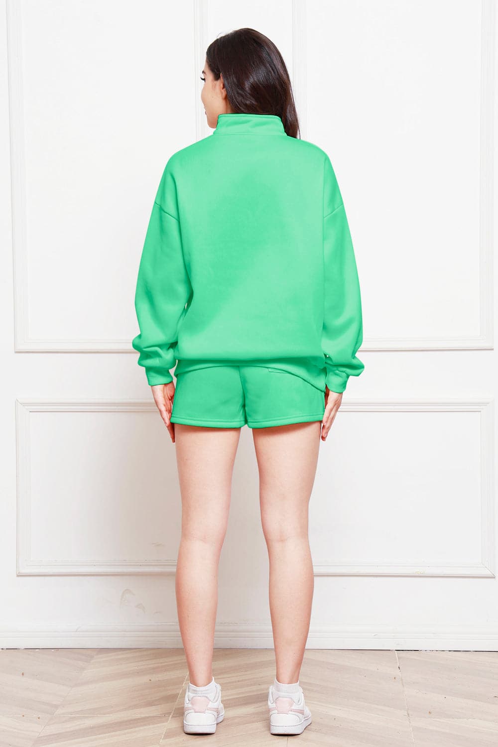 Half Zip Long Sleeve Sweatshirt and Drawstring Shorts Set.