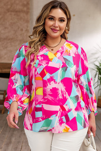 Vibrant pink plus size graffiti print blouse with split neck and puff sleeves