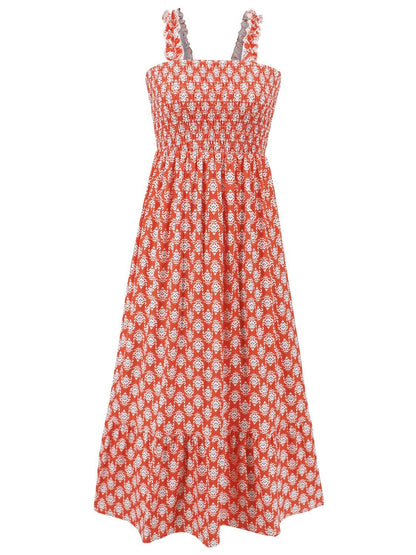 Smocked Printed Square Neck Sleeveless Dress.