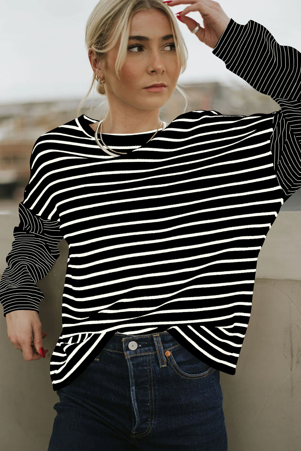 Chic black striped patchwork long sleeve tee for effortless style