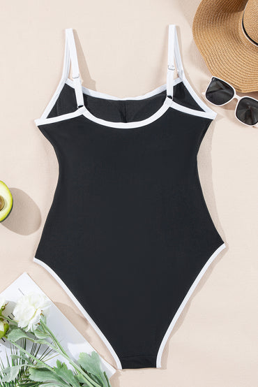 Two-Tone Black Belted One-Piece Swimsuit with Contrast Trim