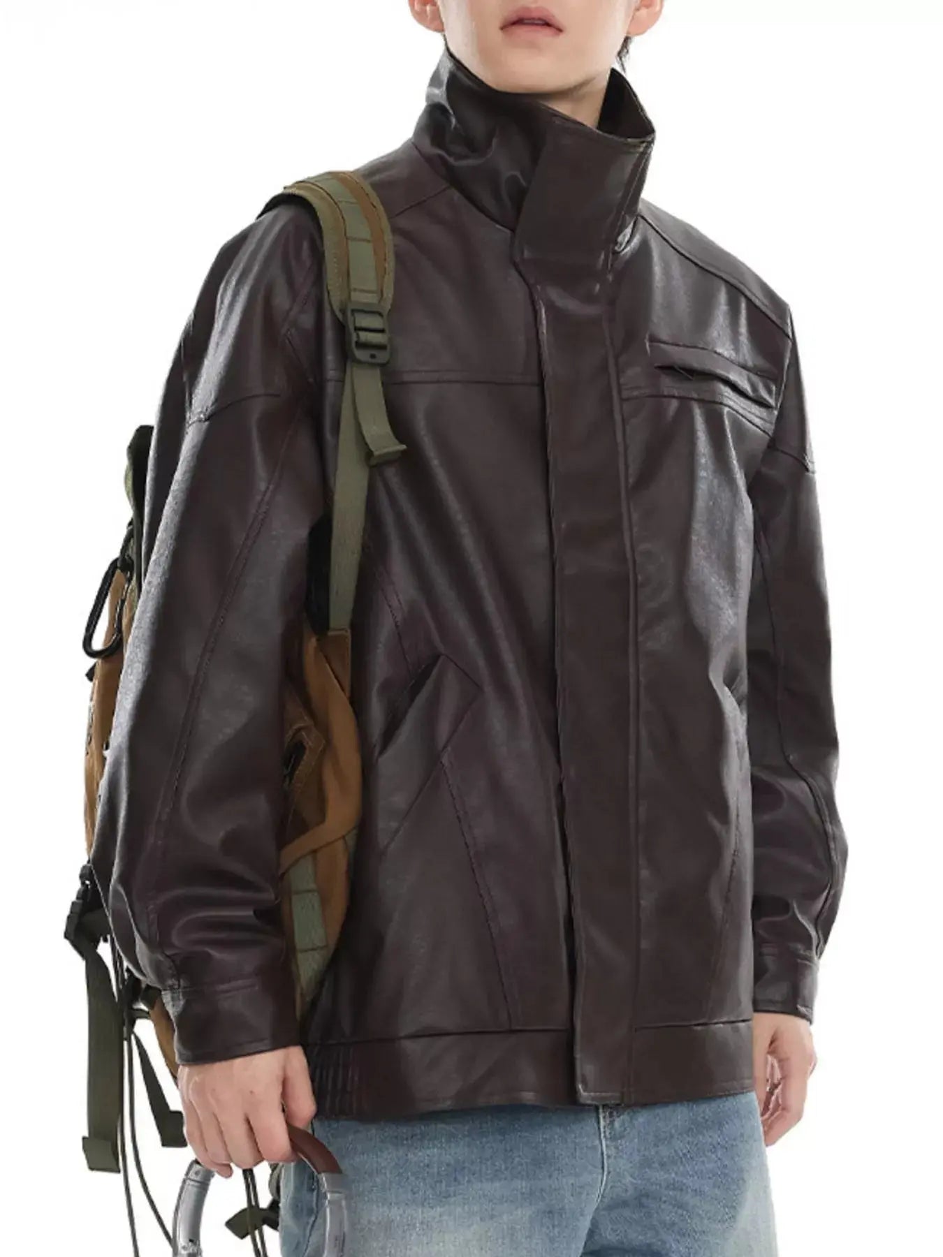 Men's Plus Size Stand Collar Leather Jacket Simply Love