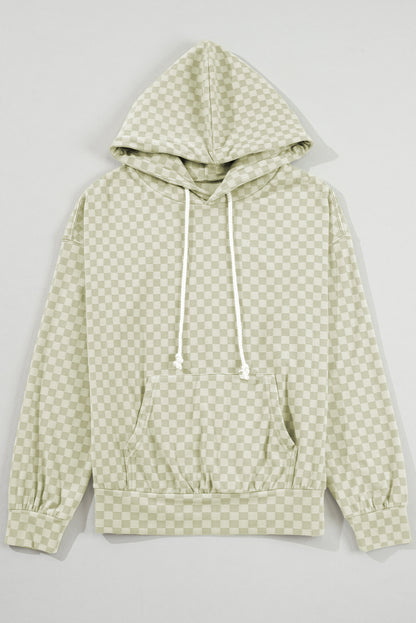 Green Checkered Print Kangaroo Pocket Drawstring Hoodie