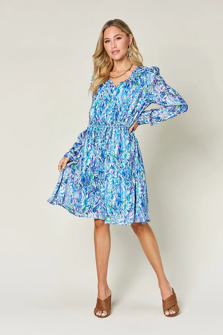 Double Take Full Size Printed Drawstring Waist Long Sleeve Dress - Love Salve