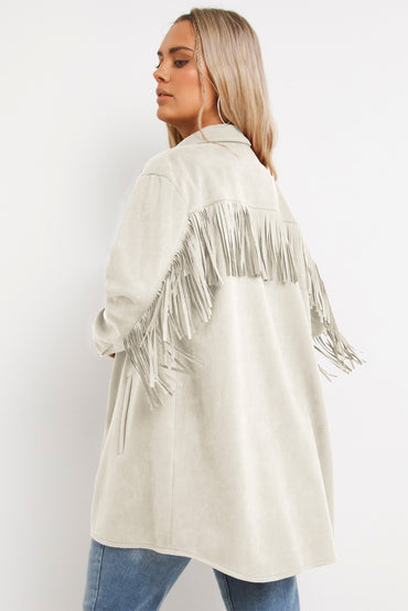 Chic plus size suede shacket with playful fringe detail