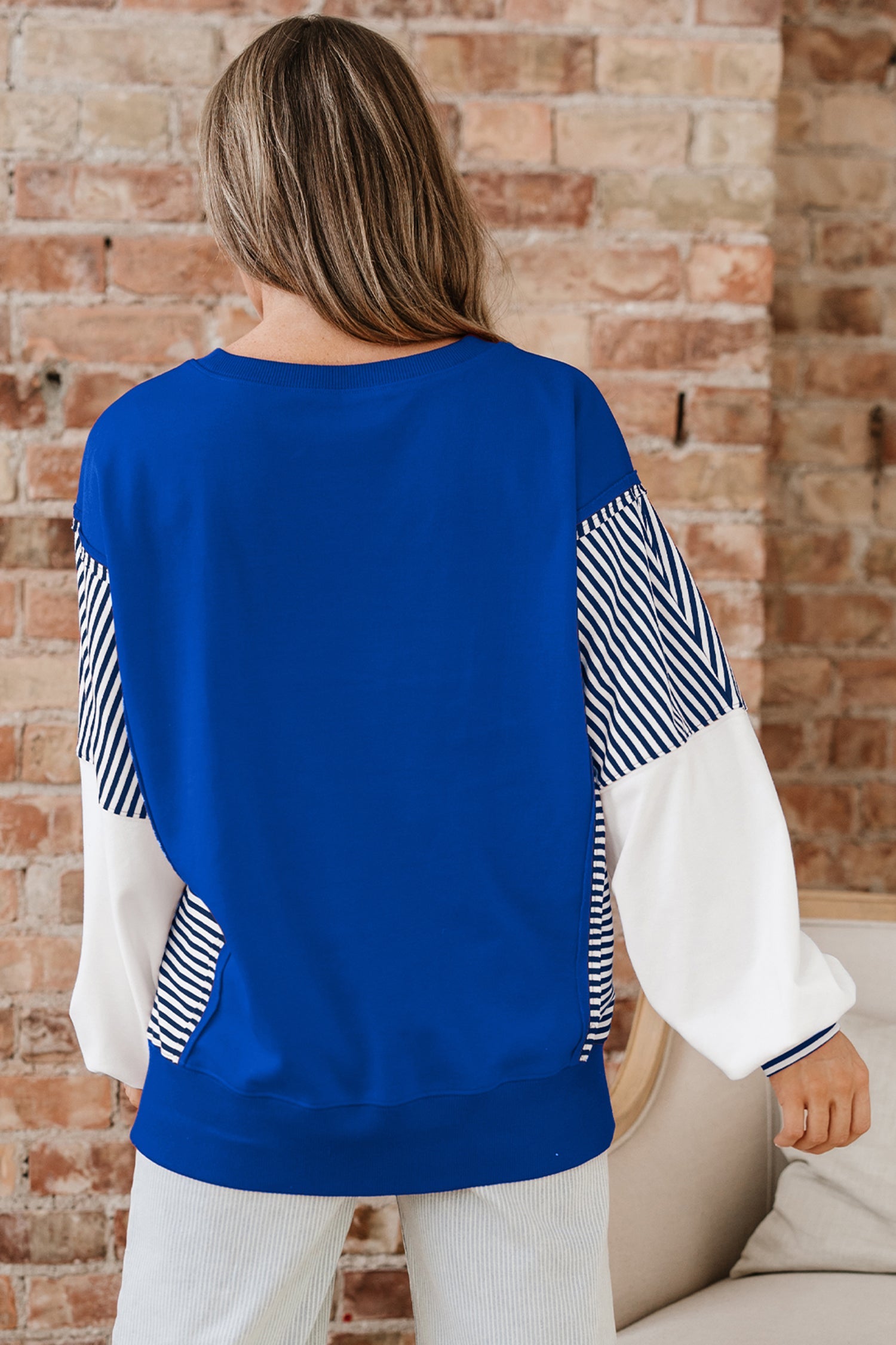 Dark Blue Striped Patchwork Sleeve Colorblock Sweatshirt Dear-Lover Dropshipping