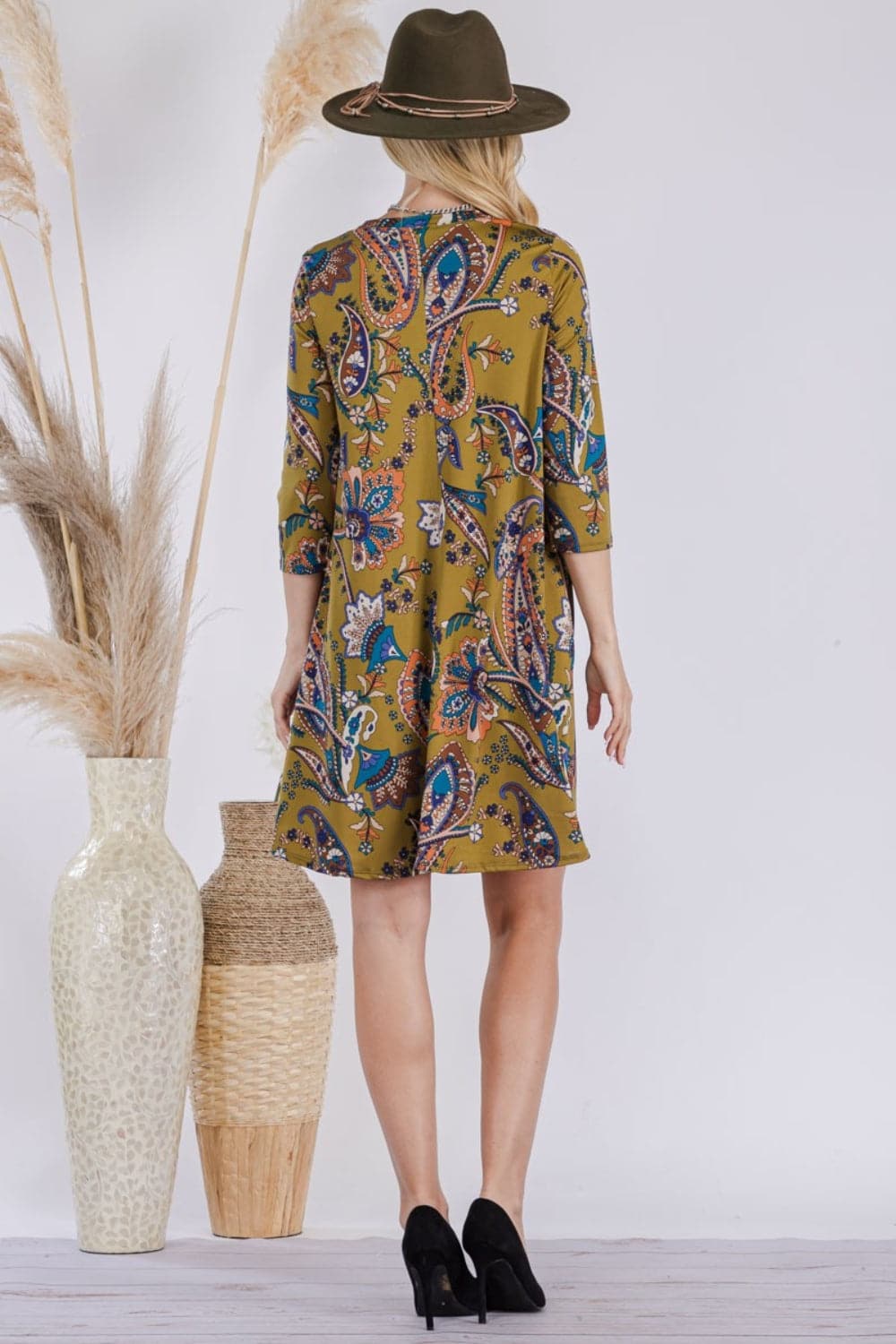 Celeste Full Size Paisley Print Round Neck Dress with Pockets.