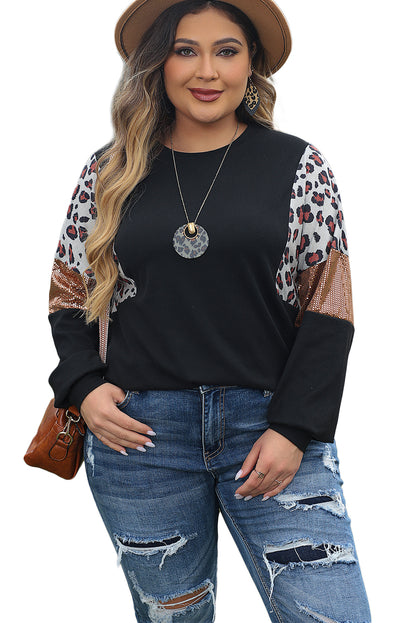 Leopard print sequin accent plus size long sleeve pullover