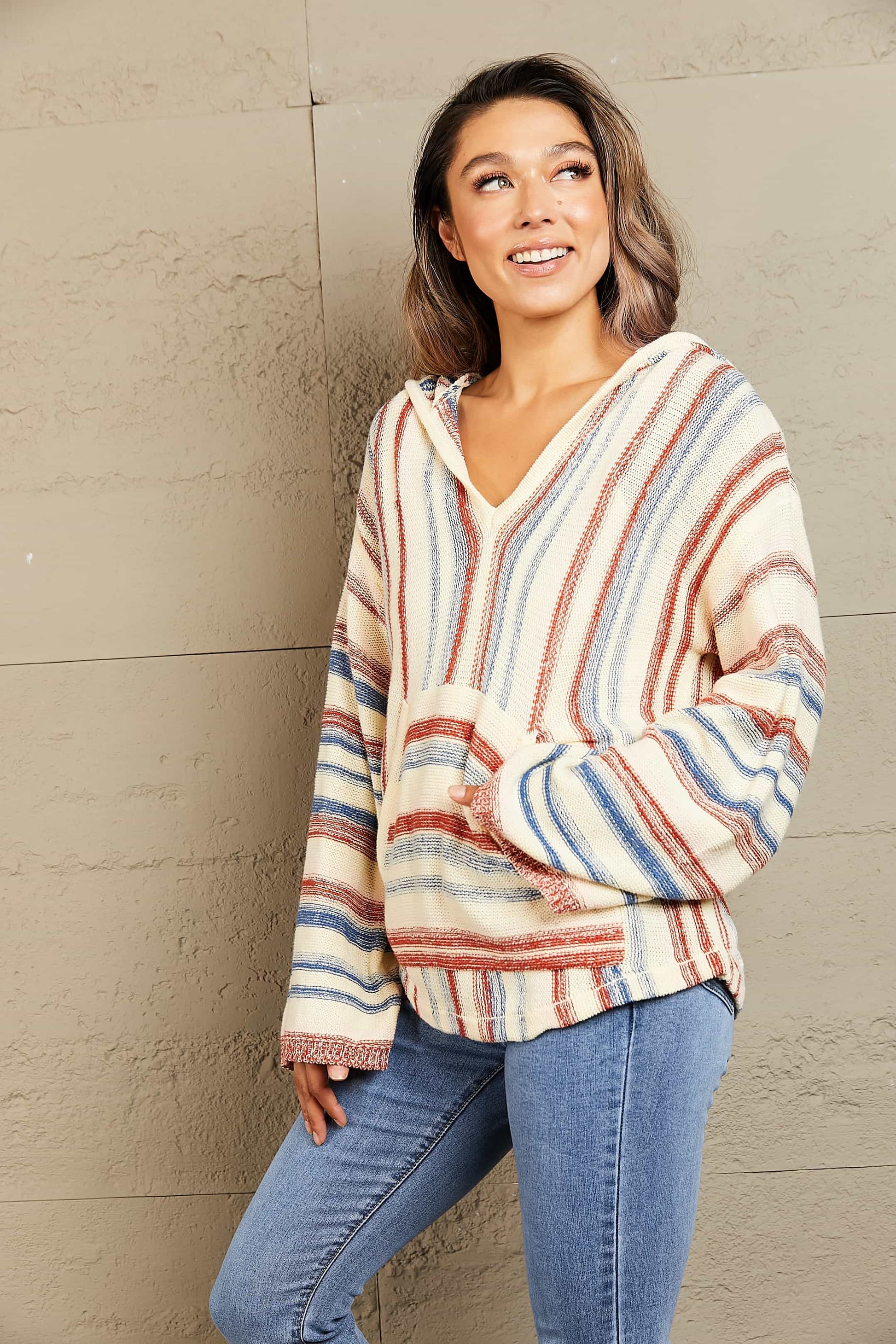 Striped Hooded Sweater with Kangaroo Pocket.