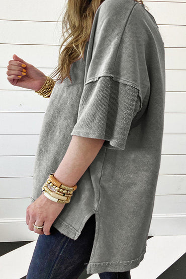 Stylish light grey oversized patchwork tee for effortless chic