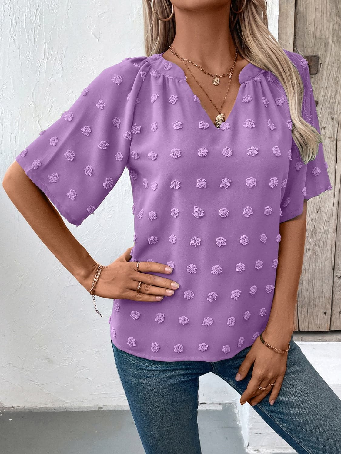 Swiss Dot Notched Half Sleeve Blouse.