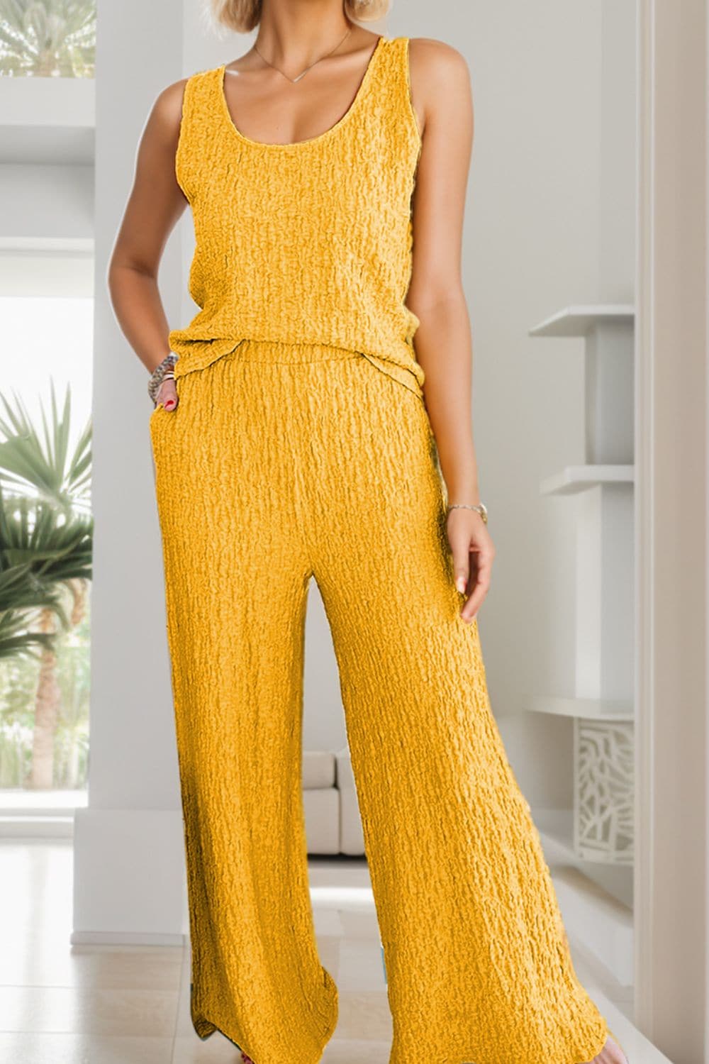 Textured Round Neck Top and Wide Leg Pants Set.