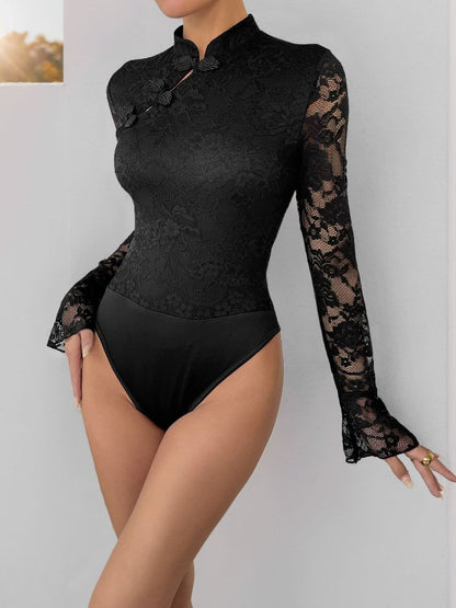 Lace mock neck long sleeve bodysuit with sheer details