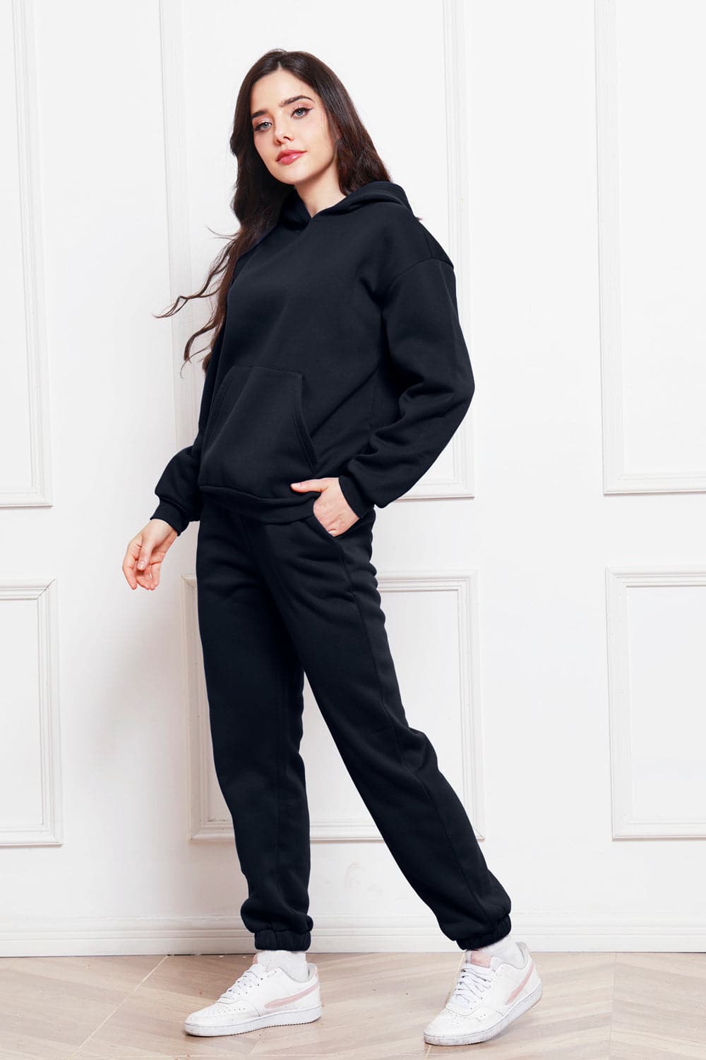 Drop Shoulder Long Sleeve Hoodie and Pants Set.